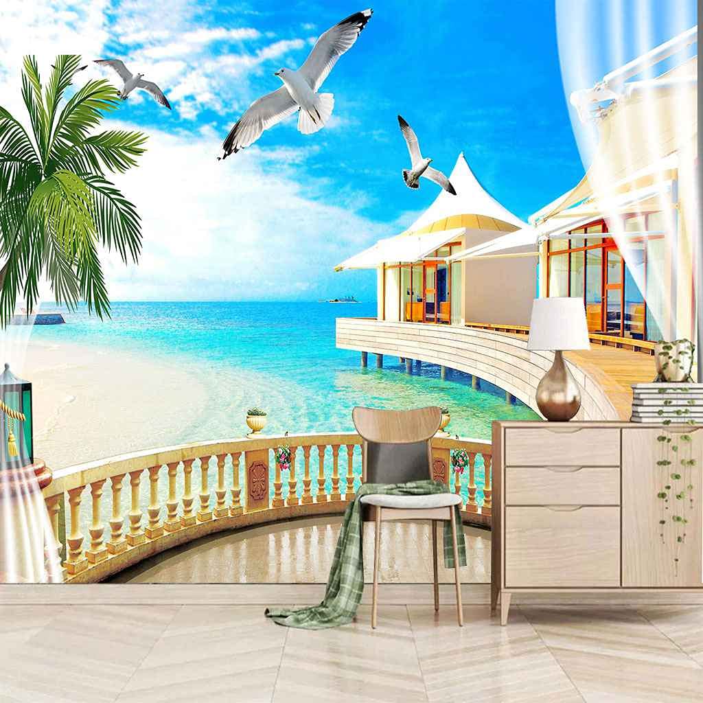 Papier peint panoramique 3D mer pour agrandir un salon ou une chambre adulte