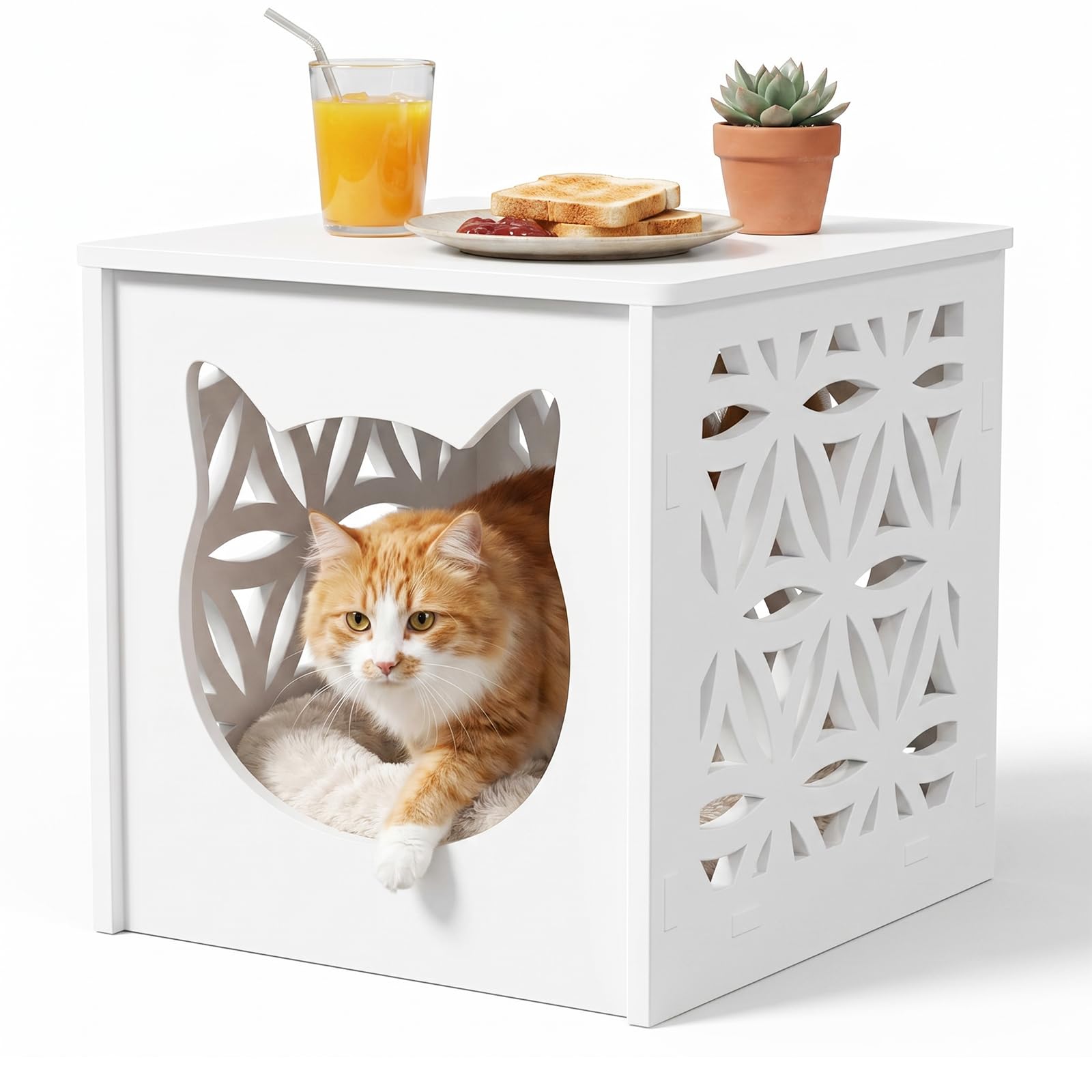 VINGLI Side Table with Cat Cabin & Light, White