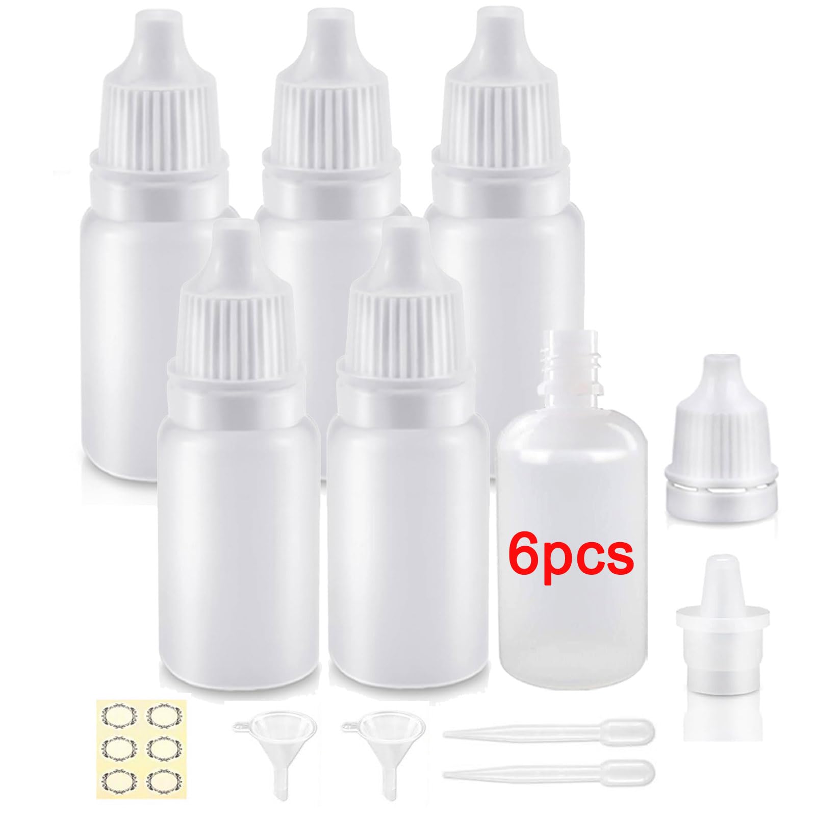 Apstaqeoo 6Pcs, 50Ml Plastic Dropper Bottles, Empty Squeezable Eye Liquid Dropper Bottle Refillable Sample Container Small Paint Eye Dropper Bottles with Cap, Funnel, Label, Dropper for Essential Oil