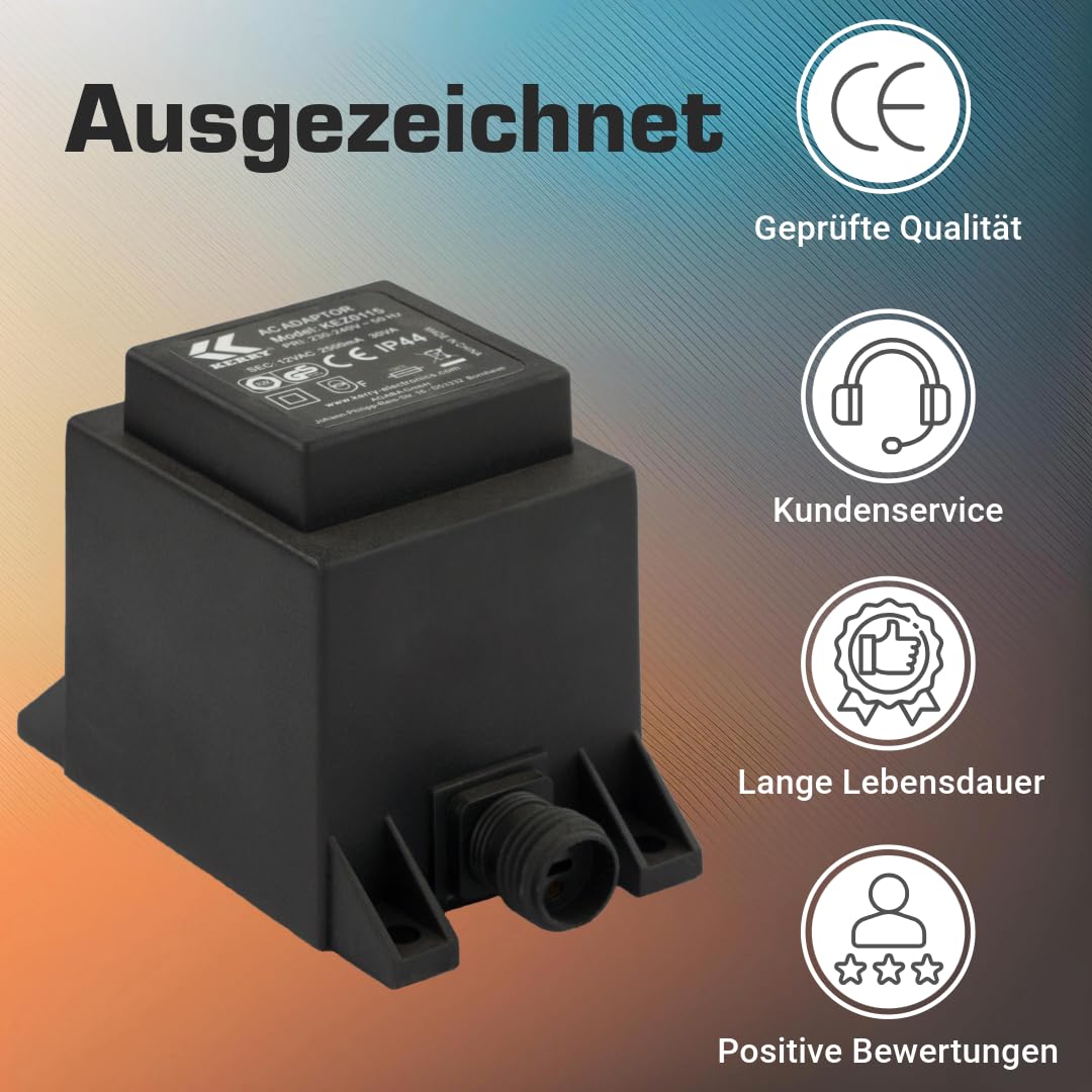 Kerry Electronics Transformator IP44 30 VA, 12 V, prąd zmienny AC/AC, przewód zasilający 2 m, zasilacz, 12 V