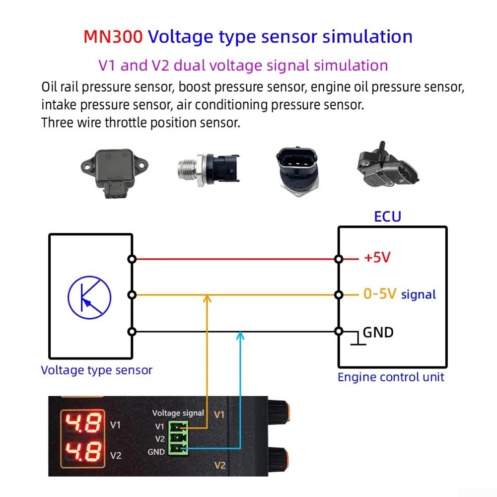 Eawfgtuw Simulador de sensor automotriz MN300 con simulación de señal de voltaje, resistencia y oxígeno para pruebas de diagnóstico de coche, TPS de doble canal, refrigerante
