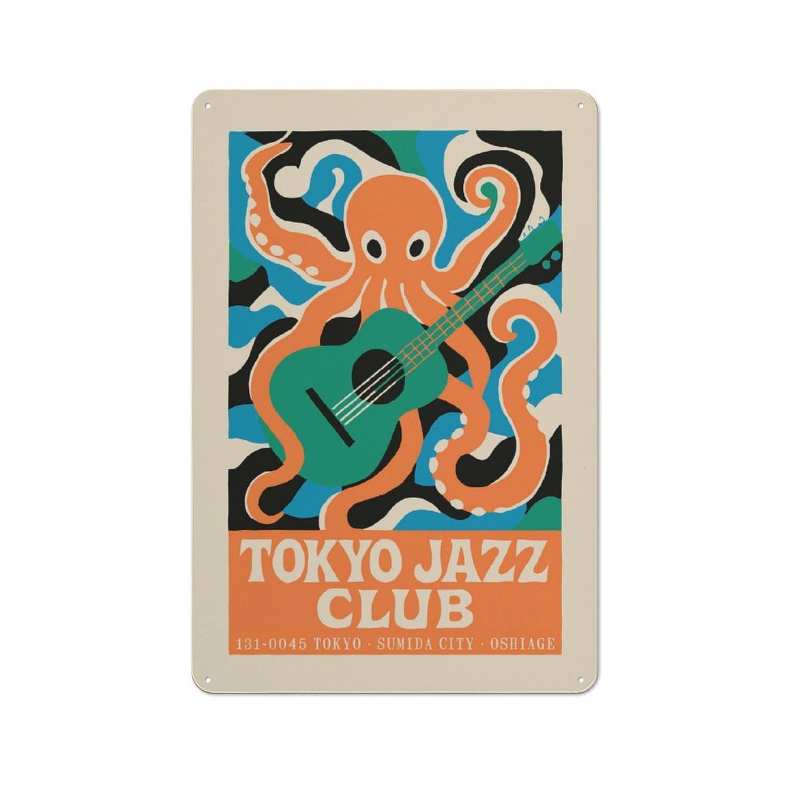 Junmoney Style-19 Tokyo Jazz Club Octopus Guitar Printed Metal Sign 30X20cm For Café Or Home Bar, For Kitchen And Home Bar Decor, For Cafés, Pubs And Restaurants