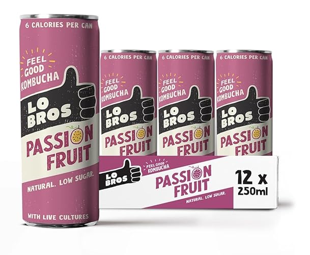 Lo Bros Kombucha - Passionfruit - Sparkling Refreshing Drink with Natural Ingredients and Live Cultures, Supports Gut Health, Low Sugar, Vegan, Gluten Free- 12 x 250ml - 12 Pack