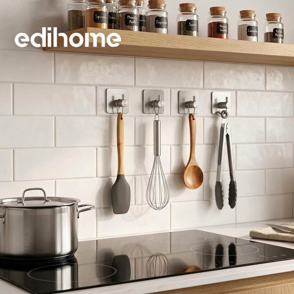 edihome, Ganchos Adhesivos para Pared, de Acero Inoxidable, Colgadores Resistentes sin Taladro, Diseño Cuadrado Moderno para Baño Cocina, Negro Blanco Gris (4, Plata) — view 6