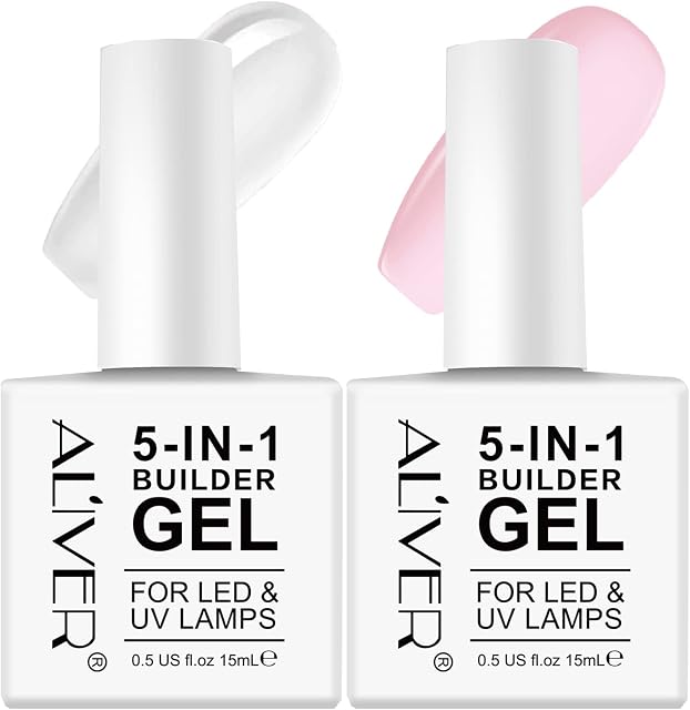 Builder Gel, 5 in 1 Nail Builder Gel and Base Gel Strengthener Gel Builder Clear and Pink Gel Color in a Bottle 15ml Hard Gel Builder Extension Nail Without Builder Gel Nail Forms