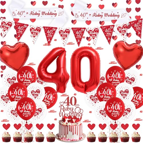 Ruby Wedding Anniversary Decorations Balloons - 48Pcs Happy 40th Ruby Wedding Party Set with Banner Cake Toppers Sash, Red White Balloons Heart Bunting for 40th Anniversary Party Supplies