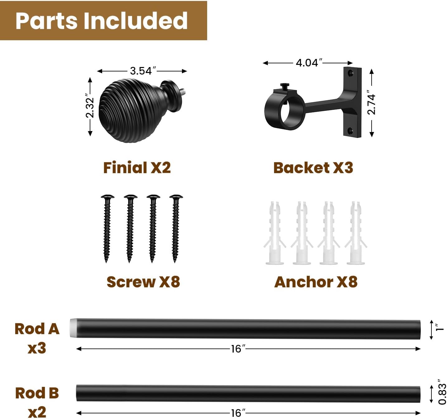 TOPROD Curtain Rods for Windows 32 to 76 Inch, 1 Inch Matte Black Heavy Duty Curtain Pole Adjustable Decorative Drapery Rods with Round Brackets
