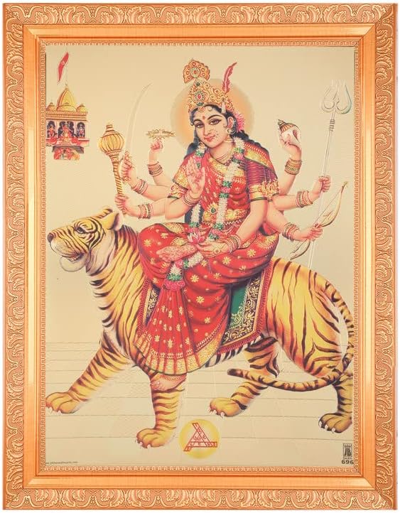 Sherawali Maa Durga Beautiful Golden Foil Photo In ArtWork Golden Frame(11 x 14 Inches) OR (27.94 X 35.56 Cm's) Housewarming Gifts