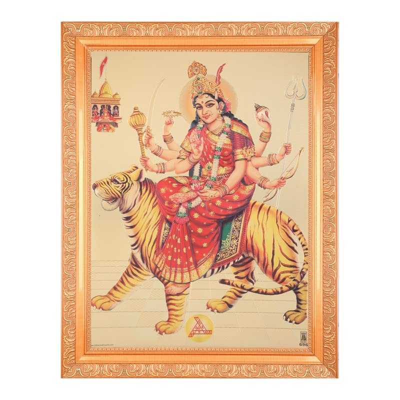Sherawali Maa Durga Beautiful Golden Foil Photo In ArtWork Golden Frame(11 x 14 Inches) OR (27.94 X 35.56 Cm's) Housewarming Gifts