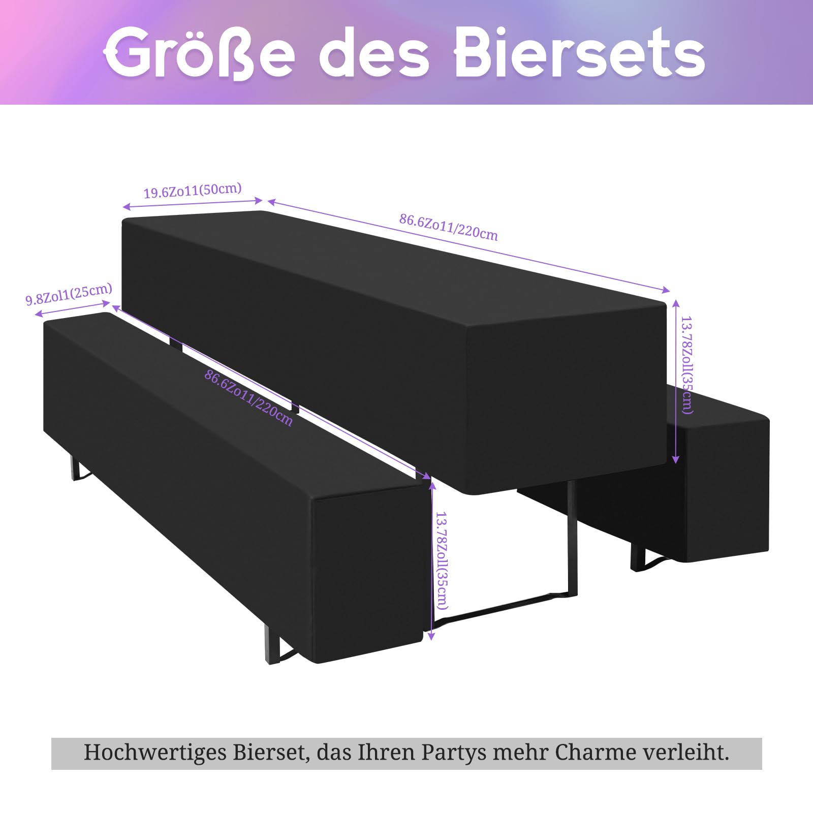 YMHPRIDE 2er-Set Biertischhussen, Schwarz Bierbankhusse und Tischdecken, 50 cm Tischbreite, Bierzeltgarnituren 220 x 50 x 35 cm für Gartenbankett-Gartenmöbel