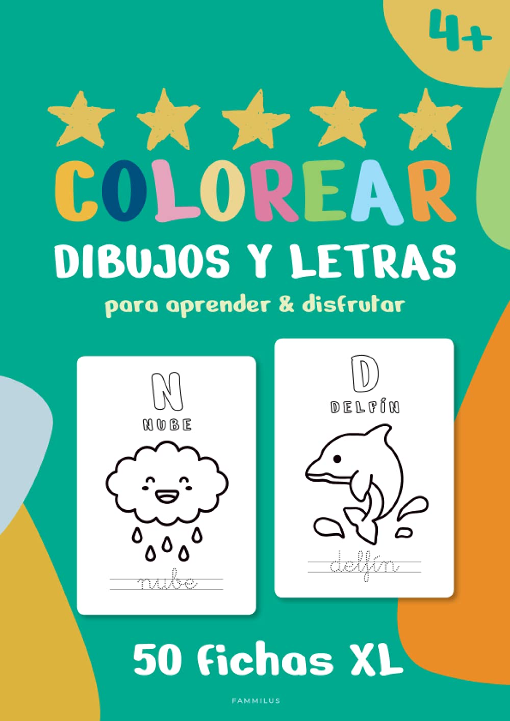 LIBRO PARA COLOREAR DIBUJOS Y LETRAS para niños y niñas.: 50 Fichas XL con trazos gruesos para repasar y colorear.