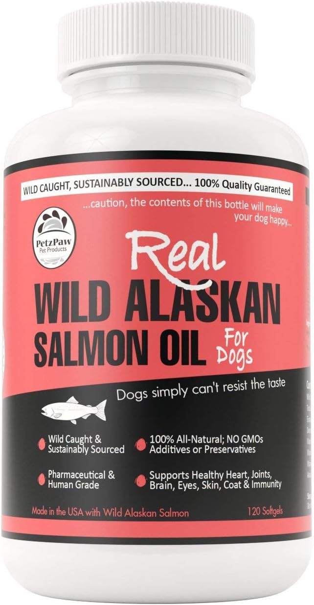 Petzpaw Omega 3 Pet Supplement – 1000 mg Pure Alaskan Premium Fish Oil for Dogs and Cats – Promotes Healthy Skin and Coat – Supports Joints and Heart – 120 Capsules