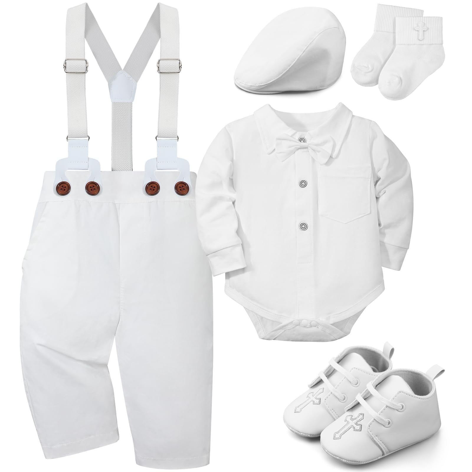 5 piezas de trajes de bautizo para bebé niño, incluye camisa, boina, sombrero, tirantes, pantalones, zapatos, calcetines, trajes de bautizo para niños