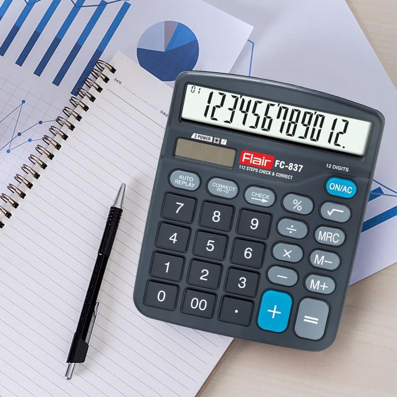 Flair FC-837 Desktop Electronic Calculator | Solar and Battery Dual Power | Ideal for Student & Financial Work | for School, Collage, Home, Office & Shop Use | Black, Pack of 1