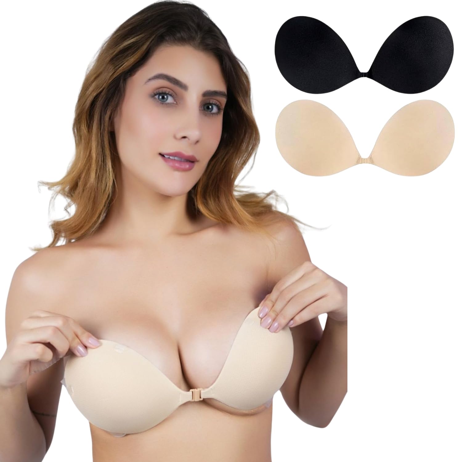 Strapless Sticky Push Up Bra for Women | Invisible Backless Silicone Adhesive Bra with Front Clasp | Reusable Free Size for Saree, Gown & Party Dress Combo Pack of 2