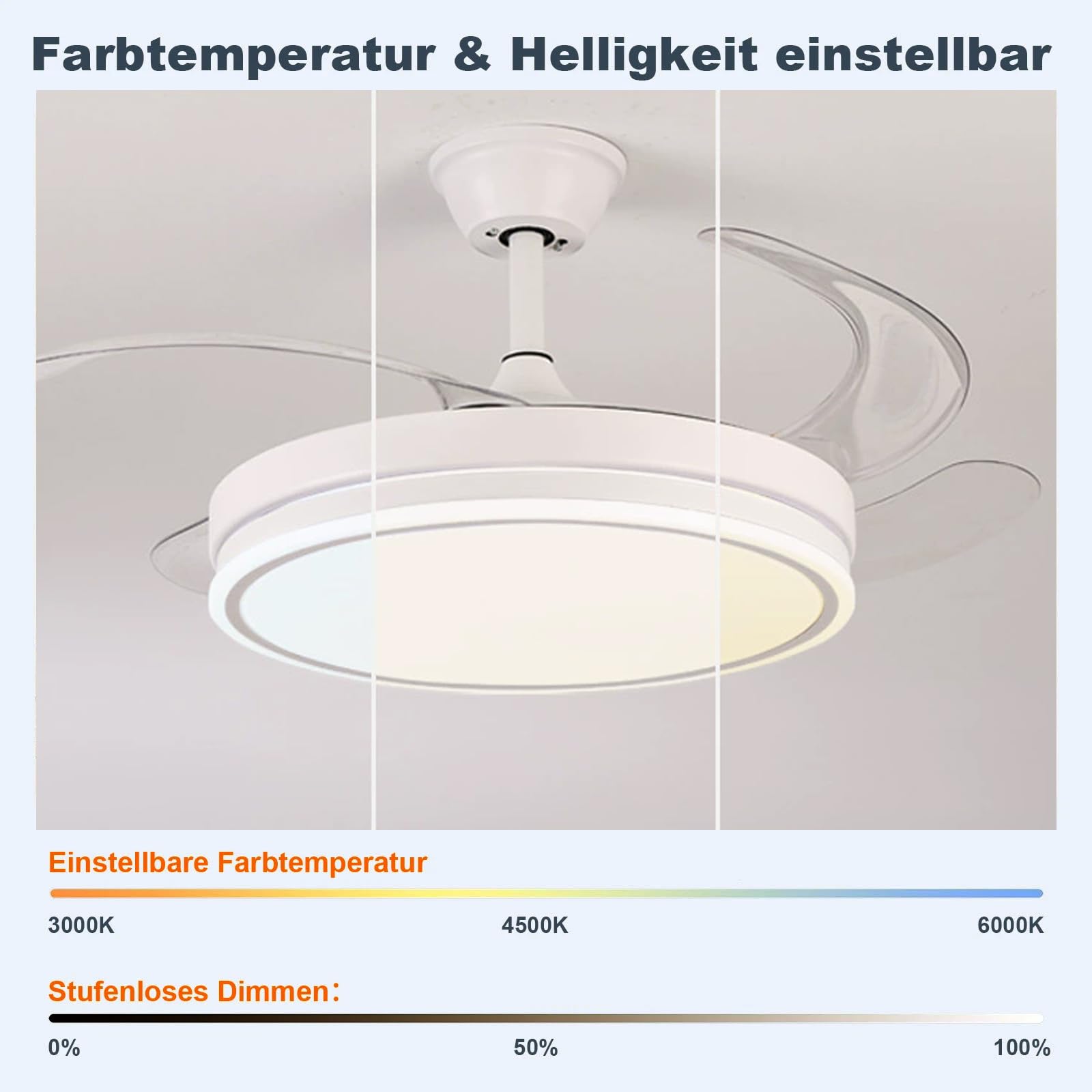 Warmfay Deckenventilator mit Beleuchtung, 108CM Ventilatorlicht Einziehbaren Flügeln, Leiser LED Deckenventilator, 3 Farbtemperaturen, Dimmbar, Reversible DC Motor, Timer, 6 Geschwindigkeiten, Weiß