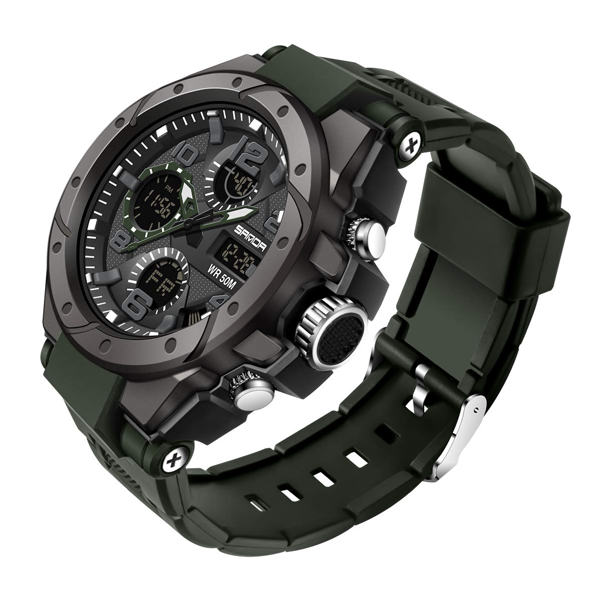 AIMES Men's Watches Outdoor Sports Waterproof Military Watch Tactical Digital Analog Wrist Watch Date Multi Function Led Large Face Alarm Stopwatch for Man green, green black