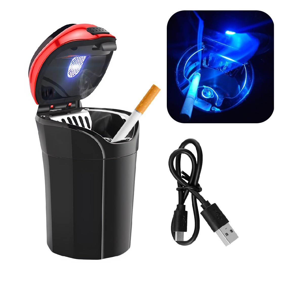 povtii Car Ashtray with Lid, Rechargeable Stainless Auto Ashtray with LED Light Indicator, Portable Smell-Proof Ashtray Cup with Lid &amp; Detachable Cigarette Lighter, Car Accessories (Red)