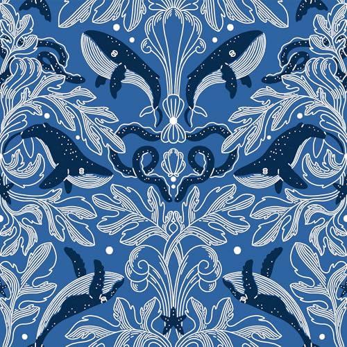 ReWallpaper Blue Peel and Stick Wallpaper Waterproof Bathroom Wall Paper Navy Blue and White Deep Sea Whale Fish Ocean Wallpaper Stick & Peel Vinyl Contact Paper for Cabinets Drawer Liner 17.5inx10ft