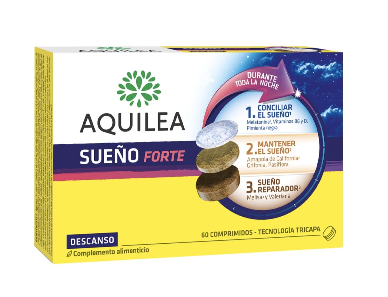 AQUILEA | Sueño Forte | Descanso | 60 comprimidos - Tecnología Tricapa | Sin Gluten, Sin Lactosa, Sin azúcar añadido | Pasiflora, Amapola de California, Valeriana y Melisa | Vitamina D y Vitamina B6