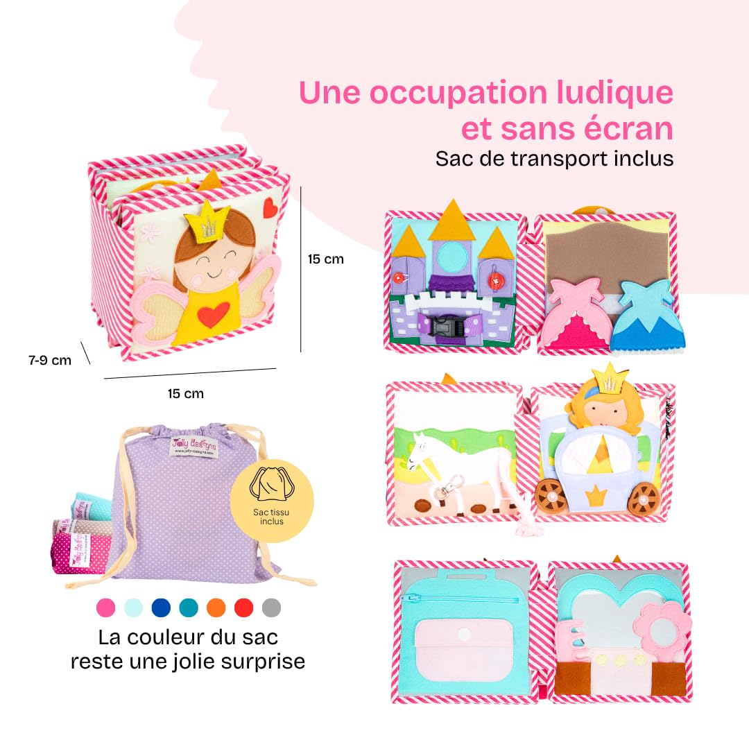 Jolly Designs Mini Quiet Book Petite Princesse - Jouet Montessori à partir de 36 mois - Livre sensoriel en tissu pour enfants - Fait main avec 6 pages d'activités - Jouet éducatif et jouet de voyage