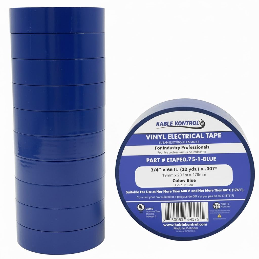 KABLE KONTROL Professional Electrical Tape - 66 Feet Length x 3/4 Inch Wide - 10 Pcs – Blue - 7 Mil Thick, Flame Retardant, High Temp Resistant, UL