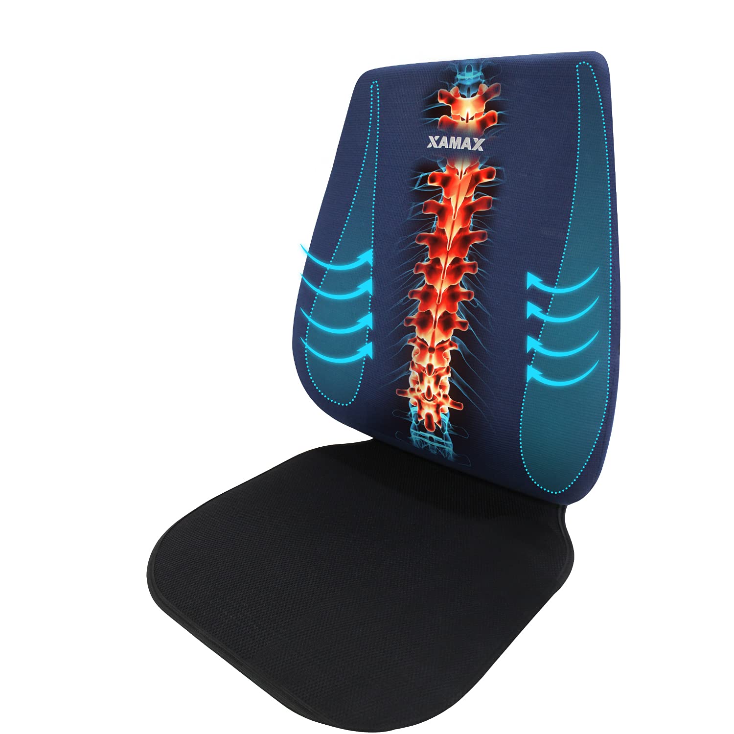 XAMAX 2nd Generation PRO V series LUMBAR SUPPORT FULL Back Rest & ANTI SLIP EXTENSION with Advanced POLY FLEXI FOAM, Universal Size(Blue)