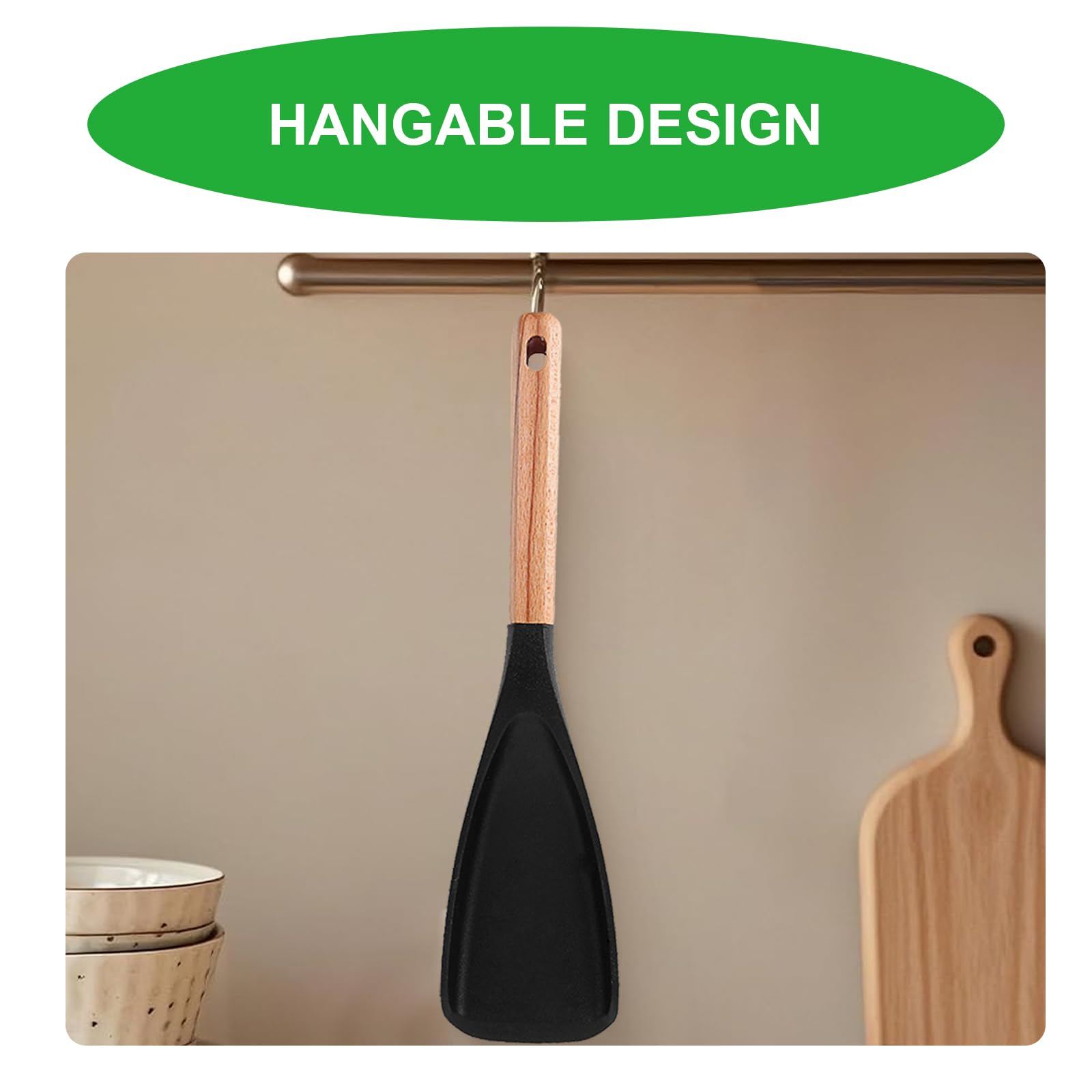 Espátula multifunción, cuchara de silicona antiadherente con asas de madera, cuchara multifunción mate para agitar, hornear, freír, raspar y recoger (negro)