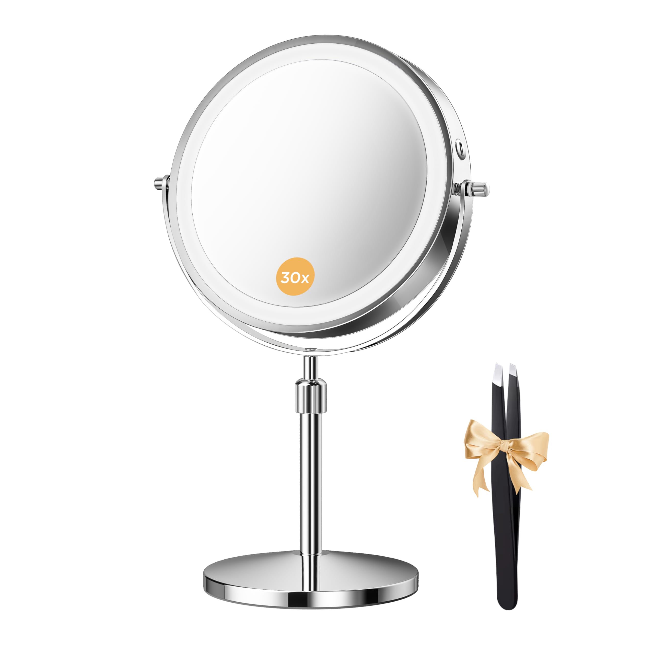 tubbede Makeup Mirror, 1X/30X Double Sided Magnifying Mirror with 3 Colors, 3200 mAh Rechargeable Vanity Mirror with 360° Rotation, Brightness Adjustable Magnification, Women Gift