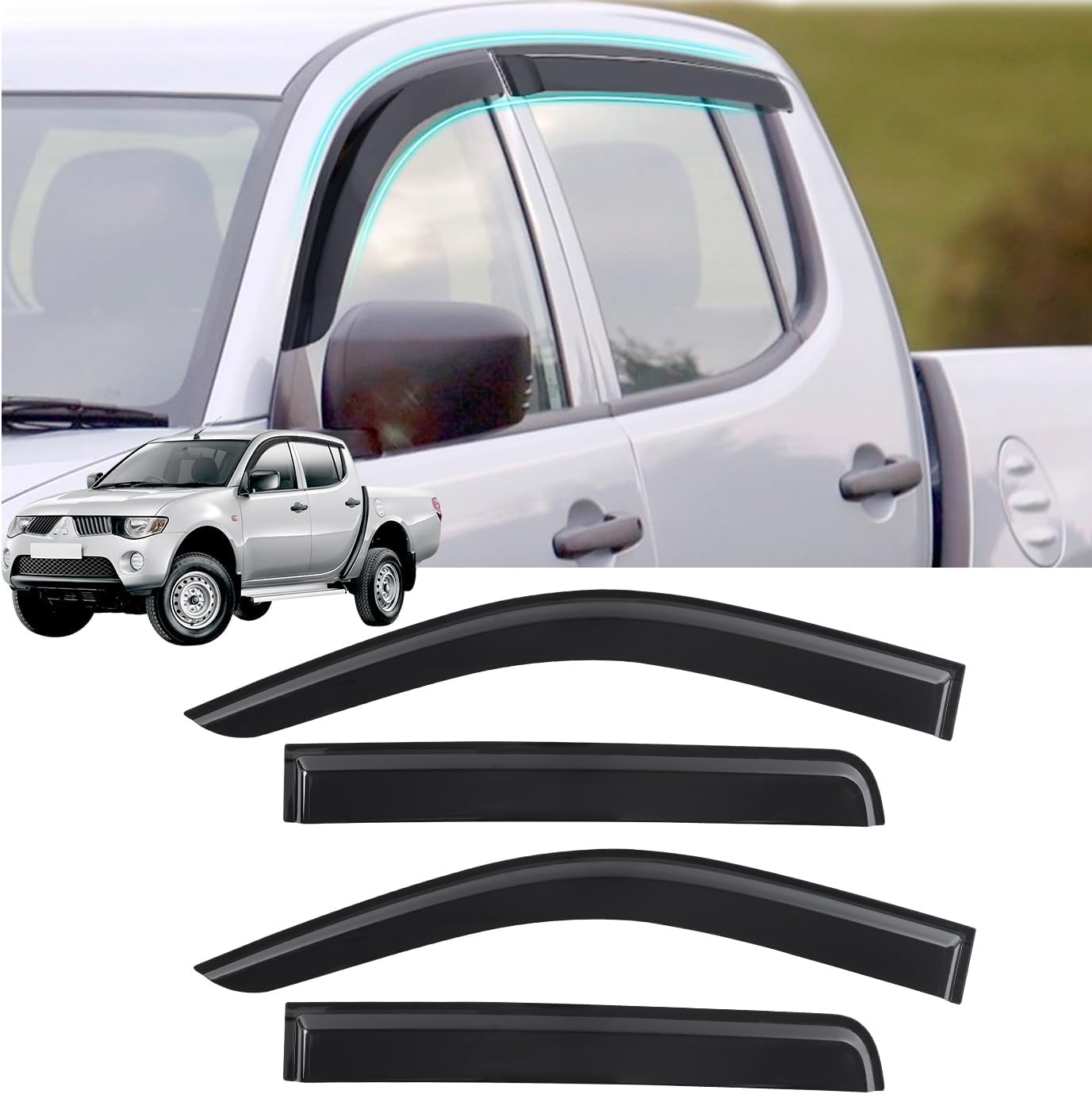 Panxuc Normal Car Wind Deflectors For Mitsubishi L200 Triton 2006-2014, Side Window Wind Rain Deflector Window Visor Sun Rain Guard Smoke Guards
