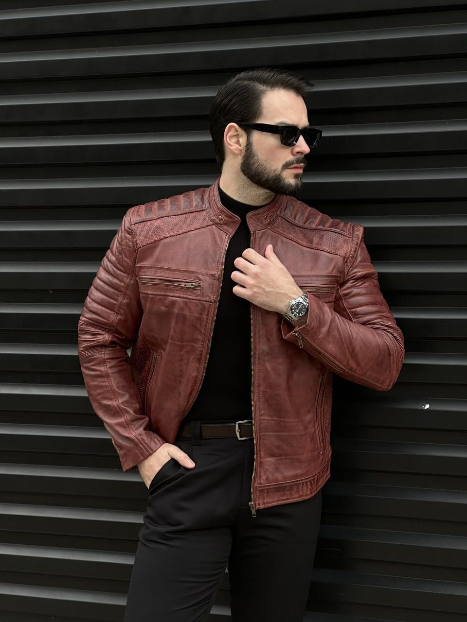 TLC Mens Leather Jacket | Sheepskin Quilted Shoulders Bold Biker Cafe Racer Style Leather Jacket Men - Image 2