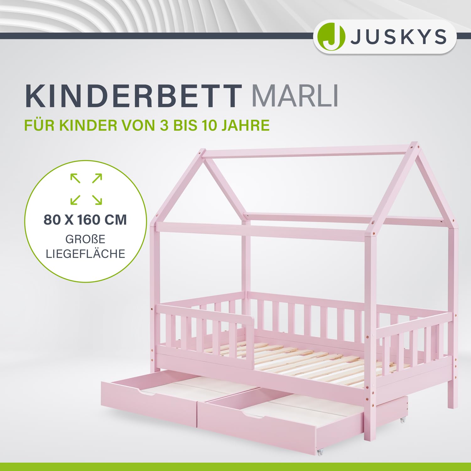 Juskys® Kinderbett Marli 80 x 160 cm mit Bettkasten 2-teilig, Rausfallschutz, Lattenrost & Dach - Massivholz Hausbett für Kinder - Bett in Rosa