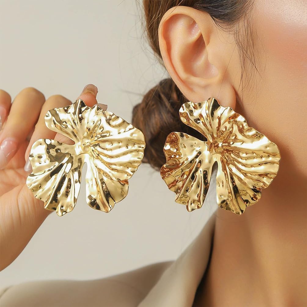 Unique Chunky Gold Large Ginkgo Leaf Flower Stud Earring for Women, Trendy Big Irregular Geometric Floral Earring Boho Party Jewelry Gift Accessories - Image 3