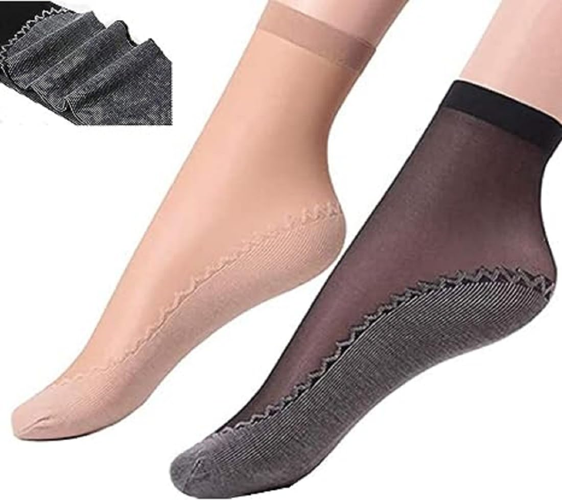 myynti Women's Ultra-Thin Cotton Ankle Length No Thumb Socks (Black and Beige_Color, Free Size) Set of - 2-picture-10