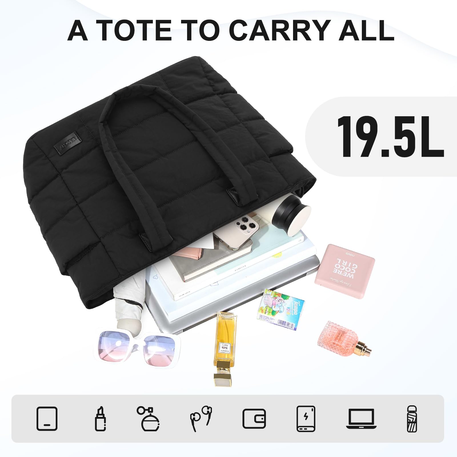 VASCHY Torba na ramię dla kobiet, lekka, pikowana torba robocza z przegródkami na laptopa, duża, bufiasta torebka dla pielęgniarki/nauczyciela/podróży/siłowni
