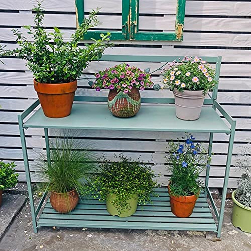 Pflanzbank, Pflanztisch für den Außenbereich, Metall, mit 2 Ebenen, offenem Regal, Gartenarbeitsplatz zum Bepflanzen, langlebiges Design für Terrasse, praktische und funktionale Gartenlösung