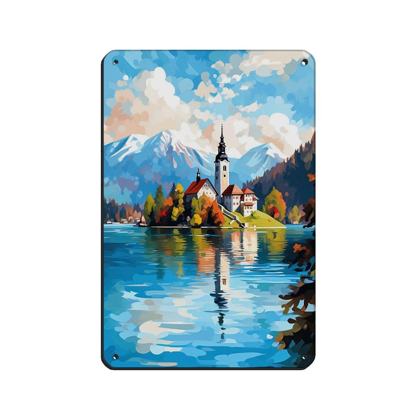 Plaque en métal vintage Lake Bled de qualité supérieure pour décoration murale rétro