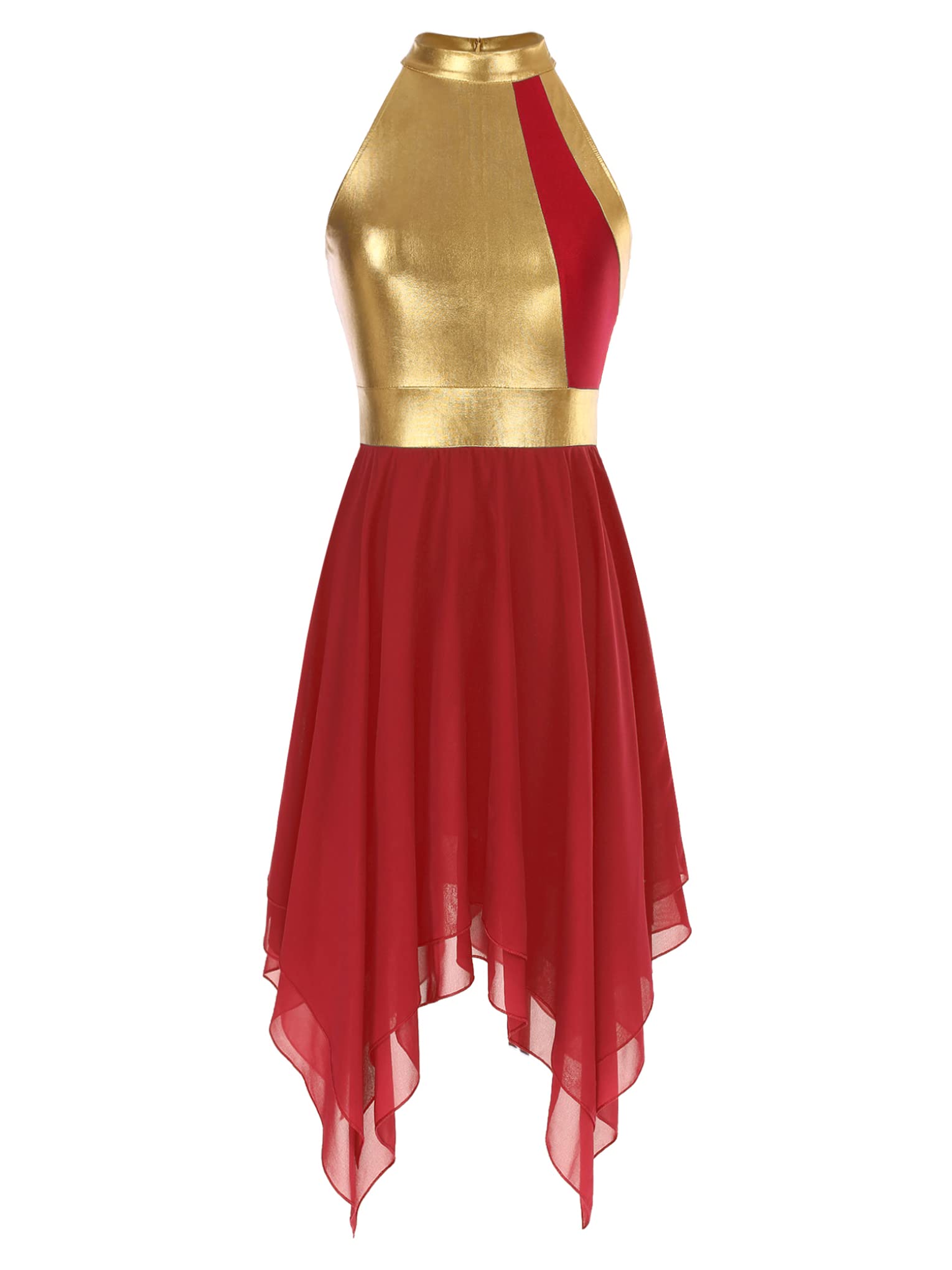 JanJean Women's Asymmetrical Praise Dance Dress Shiny Color Block Sleeveless Lyircal Dance Dress Tunic Red XX-Large