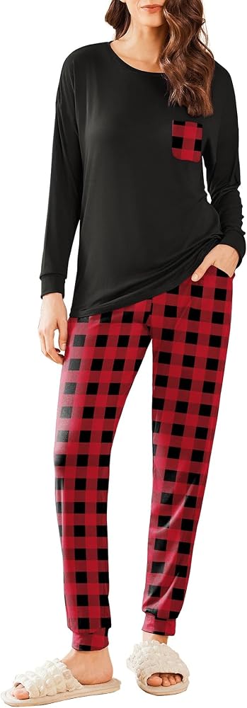 Pigiama Lungo Due Pezzi Ekouaer Pigiama Invernale Donna - Set Pigiama Lungo Comodo E Morbido | Girocollo Con Tasche E Vita Elastica Pigiami Due Pezzi Da Donna - 4