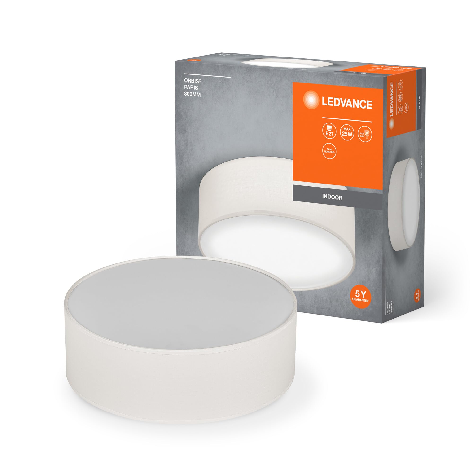 LEDVANCE Orbis Paris Ceiling Light 300Mm, Beige, E27 Base, Can Be Fitted with Smart Lamp, High Quality, Modern Design, with Fabric Shade, Suitable for Indoor Use, Round, Ip20