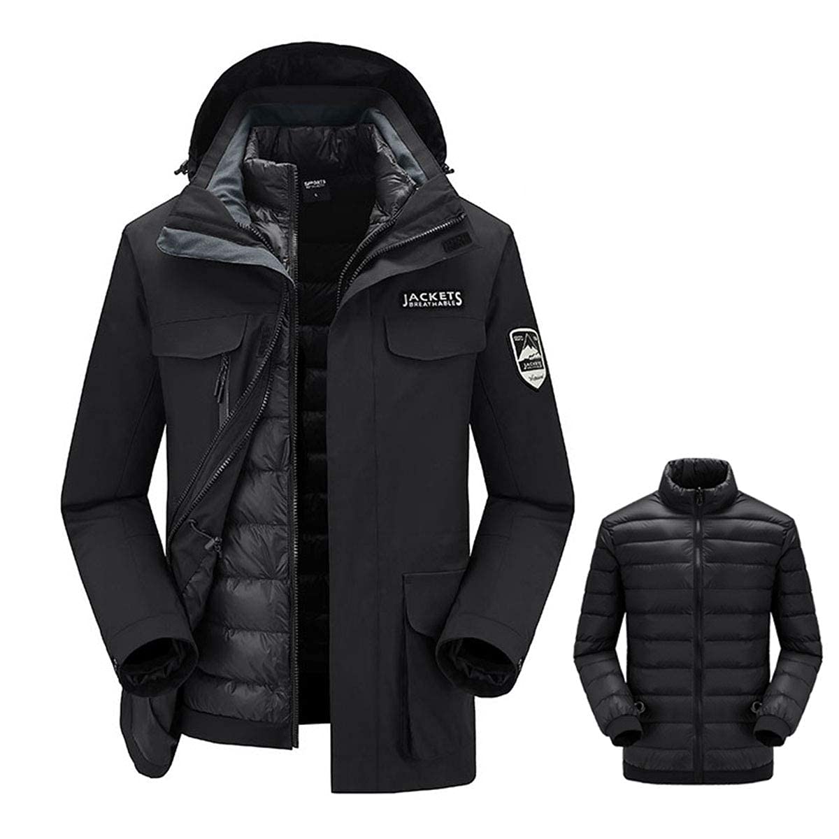 MU Hombre Impermeable 3 en 1 Chaqueta de Esquí Abajo Chaqueta Abrigo de Invierno Caliente Chaquetas de Snowboard a Prueba de Viento con Capucha Desmontable Abrigo de Montaña/Black/3Xl