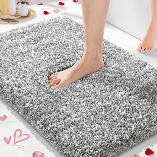 Yimobra Bathroom Rugs Non Slip Washable 32x20, Ultra Soft and Water Absorbent Bath Mats, Plush Fluffy Shower Mat Outside, Microfiber Thick Matts for Bathroom Floor/Tub, Light Gray and White