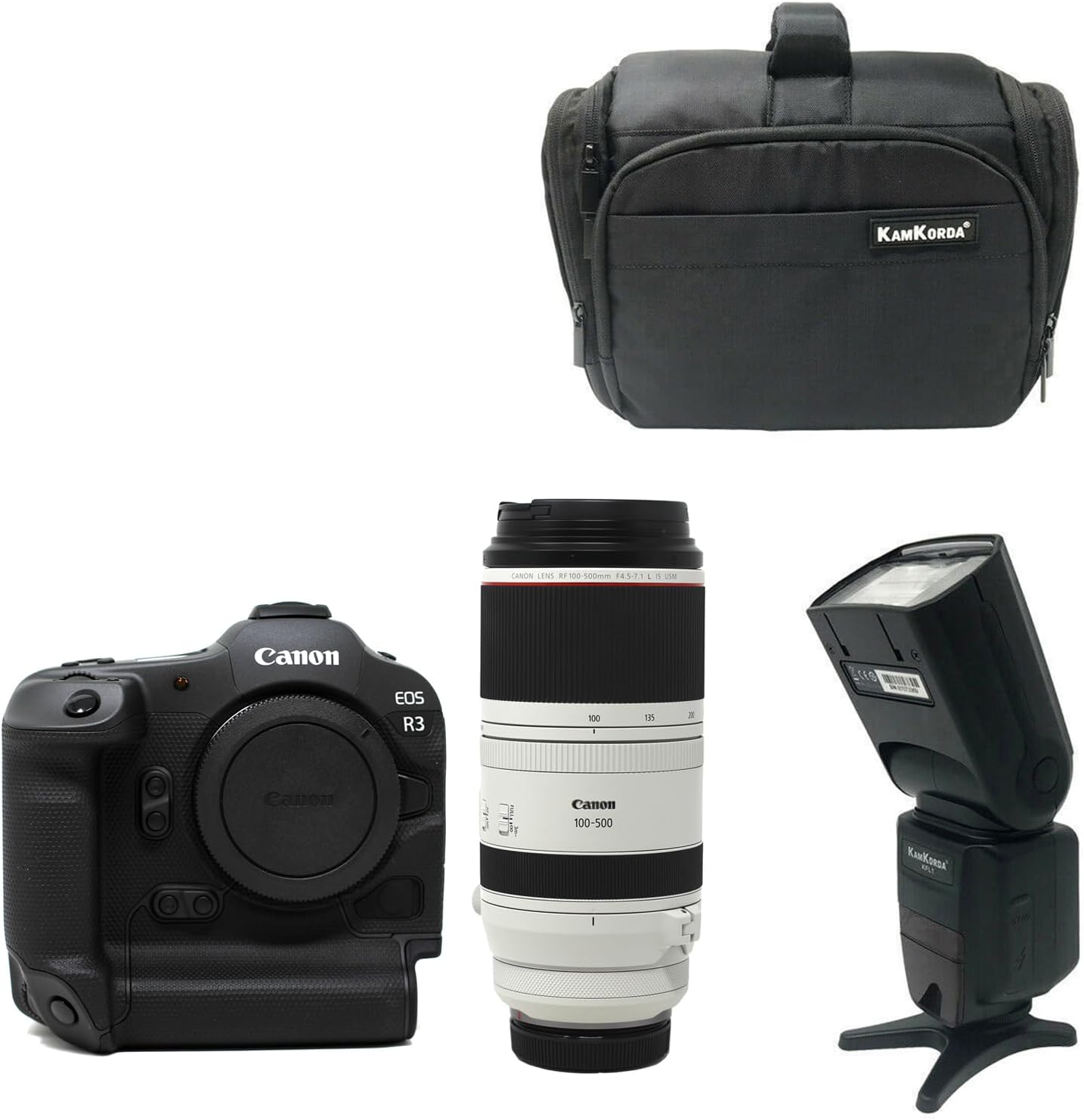 KamKorda Camera Bag+ Flash + R3 Mirrorless Digital Camera + RF 100-500mm f/4.5-7.1L IS USM Lens, 24MP Full Frame CMOS Sensor, DIGIC X Image Processor, 6K60 Raw 4K120 10Bit Video + 2 Year Warranty