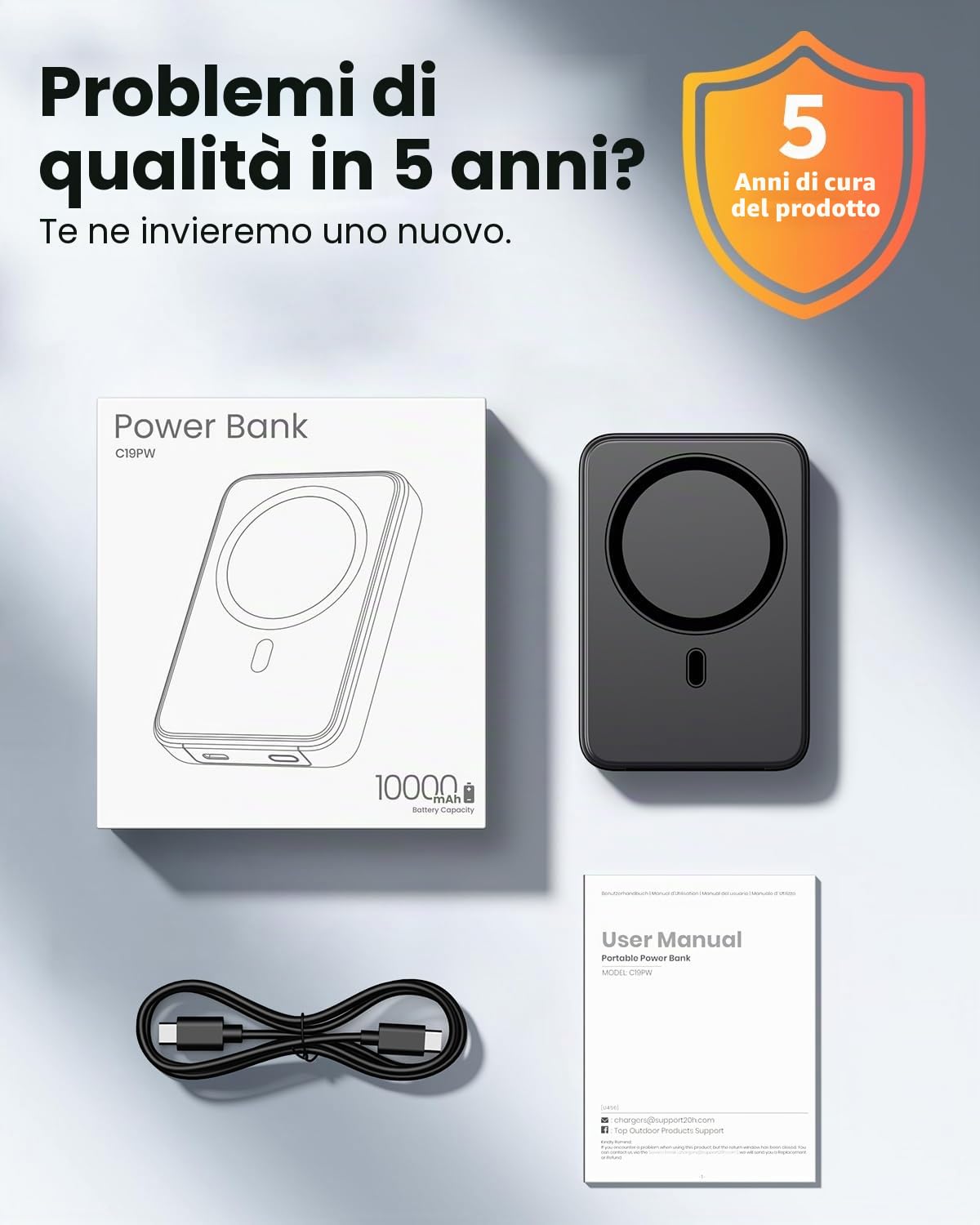 Powerbank per Mag-safe, 10000mAh Power Bank Wireless 20W PD Ricarica Rapida Magnetico Inalámbricos con Type-C Caricatore Portatile Batteria Esterna per iPhone 17/16/15/14/13/12 Tutto Series-Nero