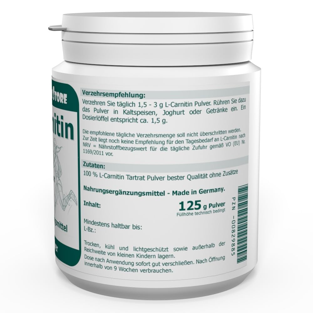 L-Carnitin Tartrat 100% rein Pulver 125 g - ohne Zusätze - The Nutri Store - Made in Germany