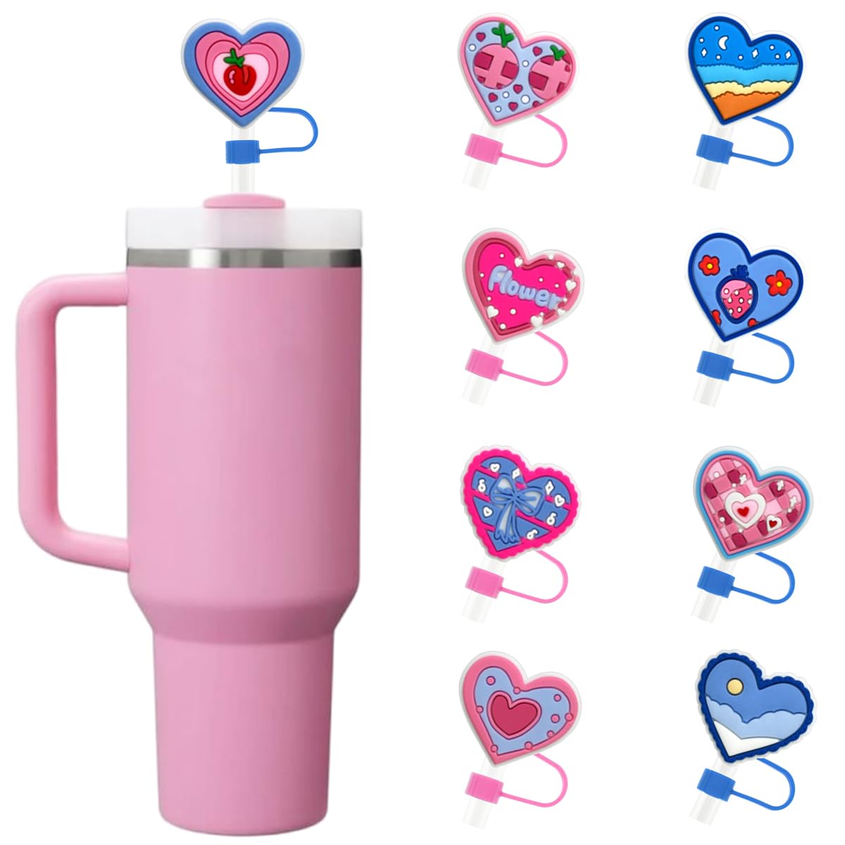 9 Pcs Straw Toppers Straw Covers Cap for 40/30 OZ Stanley Cup Accessories - YEFIUO 10mm/0.39 IN Silicone Heart Shape Reusable Straw Topper Cap Bottle Mug Party Tumbler Cup Decorations