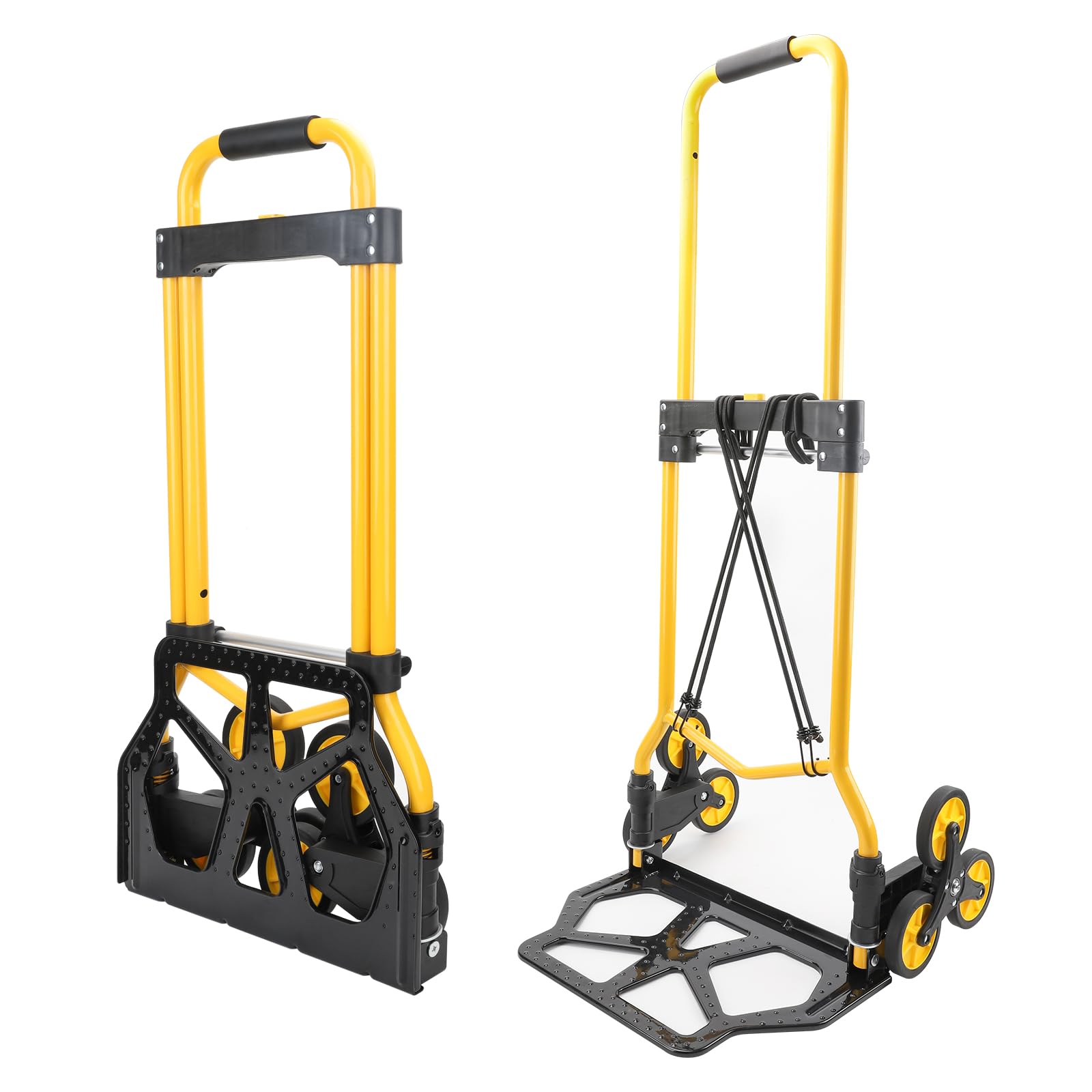 YEAUPE PRO Carretilla Plegable, Carretilla de Mano – Ruedas Grandes TPR Reforzadas, Mango Telescópico Ajustable, Incluye 2 Cuerdas Elásticas, Ideal para subir y bajar, 50kg - sube escaleras – Amarillo Recycled Claim Standard Blended