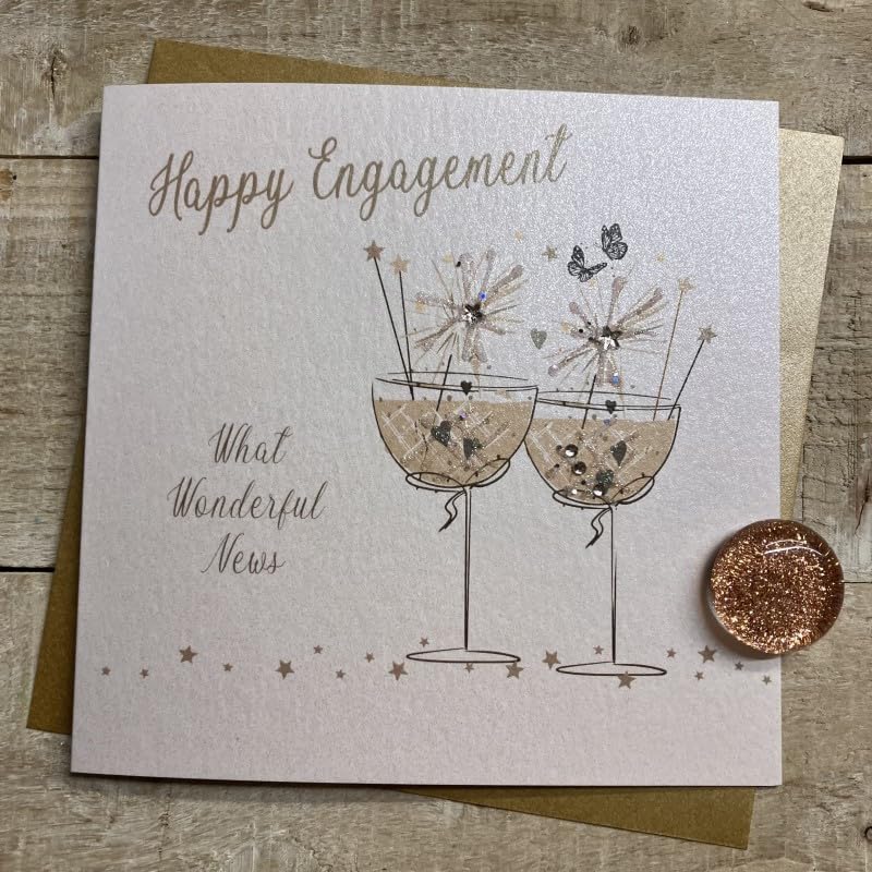 WHITE COTTON CARDS HAPPY ENGAGEMENT - COUPE GLASSES WITH SPARKLERS ENGAGEMENT CARD, HAND FINISHED (D344)