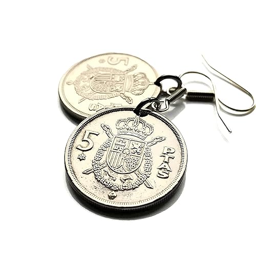 Spain España 5 Pesetas Spanish coin earrings jewelry escudo Español Madrid Barcelona Sevilla Málaga Córdoba Valencia Granada Zaragoza Toledo Cadiz