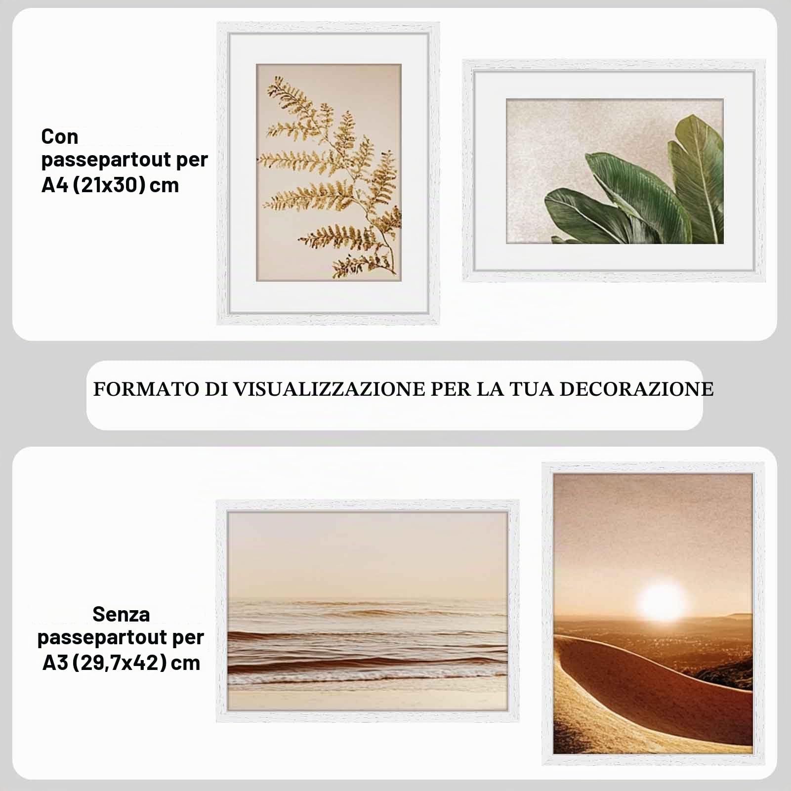 HIMEETIME® 3x Cornice A3 30x42 cm in vero legno bianco, per foto da 21x30 cm con tappetino o da 29,7x42 cm senza tappetino.